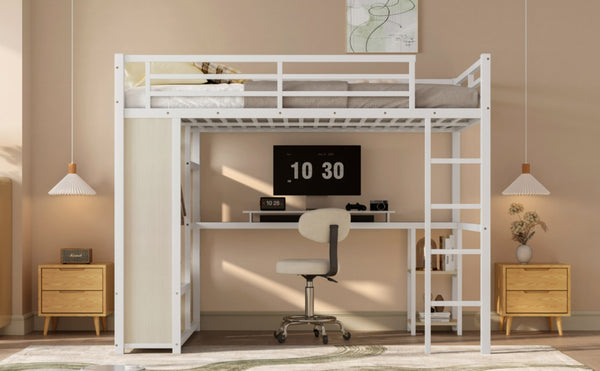 English Elm Queen Size Loft Bed Frame With Desk, Wardrobe & Storage Shelves – Stylish Space-Saving Solution! W1580S00179-GIGA