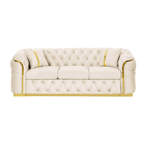 English Elm 2pcs Italian Velvet Chesterfield Sofa Set Tufted Three Seater with Gold Steel Legs Beige W1191S00044
