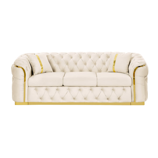 English Elm 2pcs Italian Velvet Chesterfield Sofa Set Tufted Three Seater with Gold Steel Legs Beige W1191S00044
