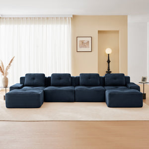 English Elm 153" Modern U-Shaped Modular Sectional Sofa With Movable Ottomans, Deep Seats & Elegant Design, Blue W714S01500