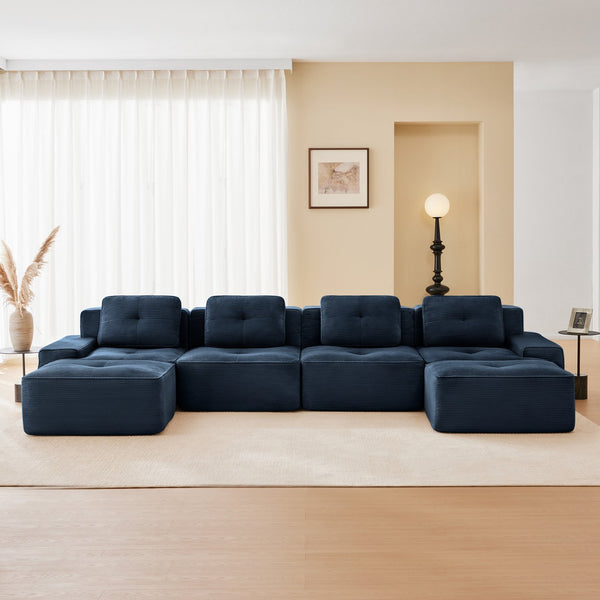 English Elm 153" Modern U-Shaped Modular Sectional Sofa With Movable Ottomans, Deep Seats & Elegant Design, Blue W714S01500