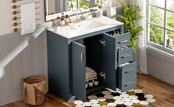 English Elm 36'' Bathroom Vanity with Ceramic Sink Combo Solid Wood Frame Soft-Closing Drawers Ample Storage Elegance Blue N710P243327C