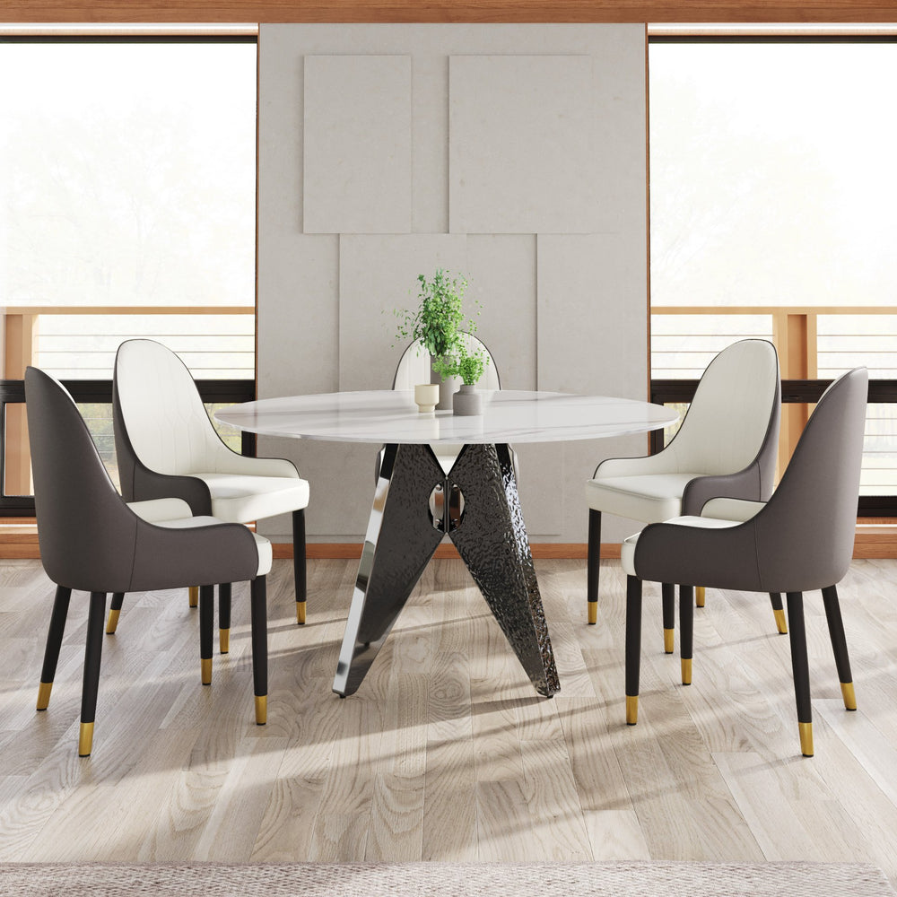 English Elm 53" Round Marble Dining Table - Elegant Silver Stainless Steel Base For 6, Perfect For Modern Spaces W1535S00389
