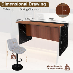 English Elm 63" Modern Kitchen Island Set With 4 Gray Bar Stools - Elegant Black Marble, Led Lights & Versatile Design W2699S00071