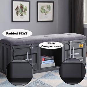 English Elm Cargo Industrial Storage Bench with Padded Seat, Metal Doors & Open Compartment for Entryway Decor Gray,Gunmetal 61 L x 19 W x 10 H B2726P263379