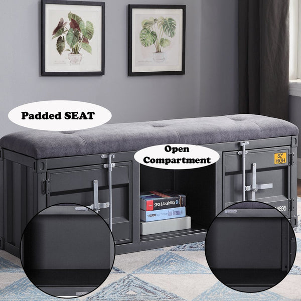 English Elm Cargo Industrial Storage Bench with Padded Seat, Metal Doors & Open Compartment for Entryway Decor Gray,Gunmetal 61 L x 19 W x 10 H B2726P263379