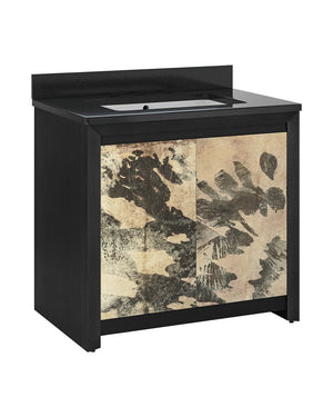 Currey & Company Karlson 36" Bath Vanity With Abstract Pattern Doors, Black Granite Top & Undermount Sink Storage Solutions Black Oak Solids & Veneer ,Leather Vellum ,Granite ,Vitreous China 3800-0014-currey-company