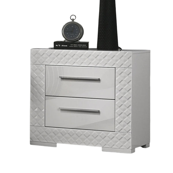 English Elm 3pc Queen Bedroom Set High Gloss White Led Headboard Glam Nightstands Chrome Accents B2741S00163