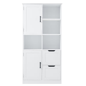 English Elm Bathroom Tall Storage Cabinet with Doors, 2 Drawers, Adjustable Shelf, Anti-Tip, MDF White, Sleek Handles WF530559AAK