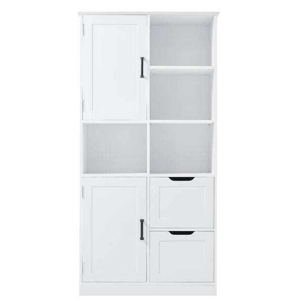 English Elm Bathroom Tall Storage Cabinet with Doors, 2 Drawers, Adjustable Shelf, Anti-Tip, MDF White, Sleek Handles WF530559AAK