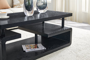 English Elm A Modern Two-tier Mdf Coffee Table with Open Shelf for Living Room Storage Black Woodgrain W3875P396801