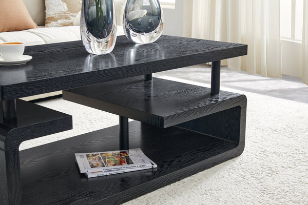 English Elm A Modern Two-tier Mdf Coffee Table with Open Shelf for Living Room Storage Black Woodgrain W3875P396801