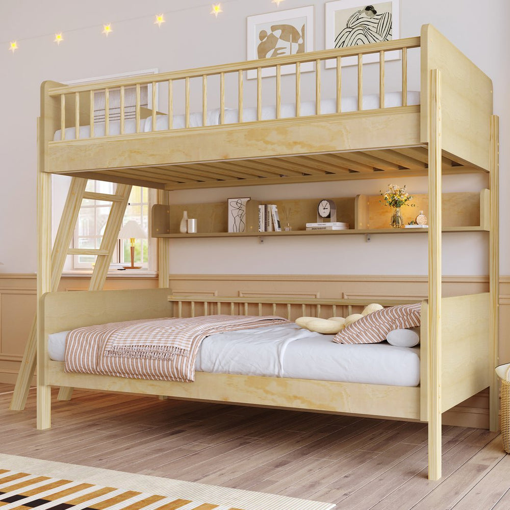 English Elm Twin Over Solid Wood Bunk Bed with Built in Shelves and Reversible Ladder N7090002224N