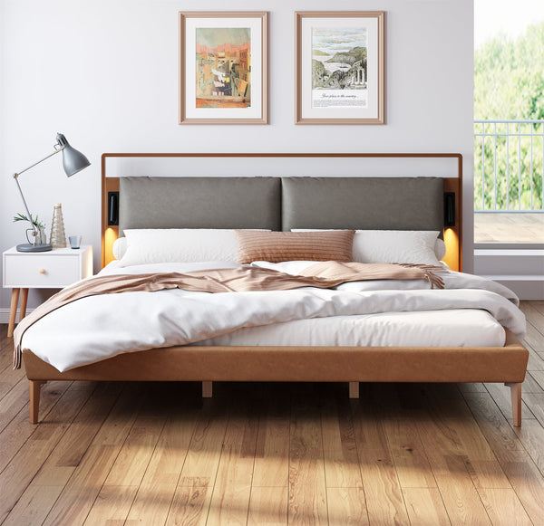 English Elm Christopher Knight Home® - Brown&Gray Leather King Bed With Adjustable Led Night Lights & Sturdy Support – Modern Elegance N758D536162D