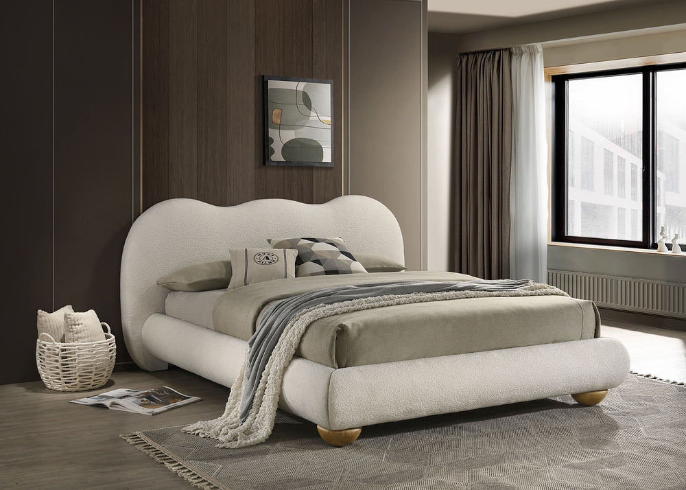 English Elm White Boucle King Bed Camelback Headboard Natural Bun Feet Contemporary Bedroom B2741S00829