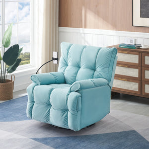English Elm Single Teddy Upholstered Recliner Chair with Solid Wood Frame, Sponge Cushions & Phone Stand, Adjustable Back to 150° Cyan W1278P212865