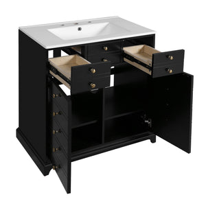 English Elm 30'' Solid Wood Frame Bathroom Vanity with Ceramic Sink, Retro Black Freestanding 2-Drawer Cabinet N710P276724B