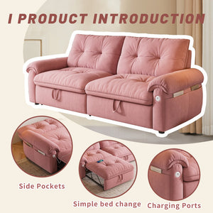 English Elm It 77-inch convertible velvet sofa bed, 2-in-1 loveseat to guest bed with steel frame, high-resilience foam comfort Pink W3820S00016