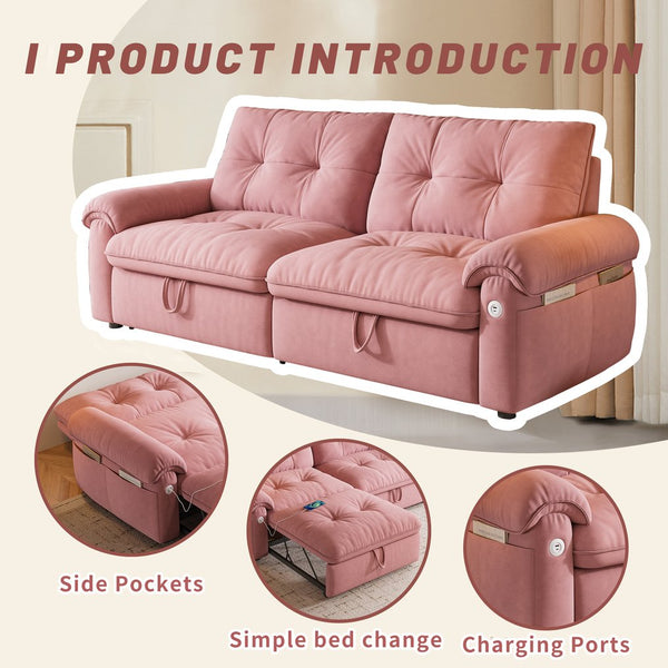 English Elm It 77-inch convertible velvet sofa bed, 2-in-1 loveseat to guest bed with steel frame, high-resilience foam comfort Pink W3820S00016