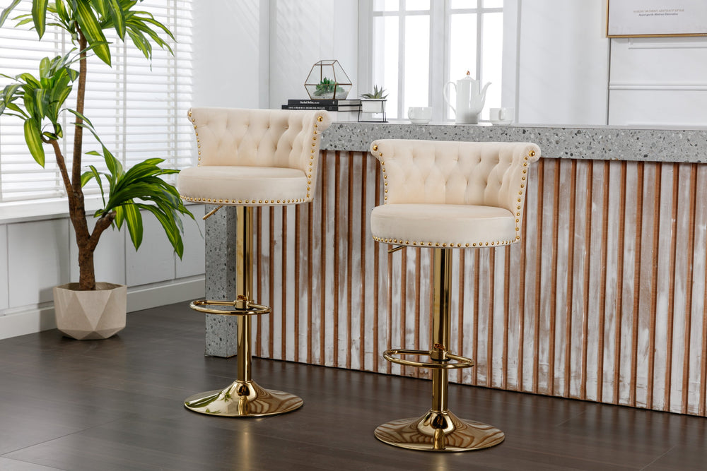 English Elm UNITED Velvet 360° Rotating Bar Chair with Diamond Stitching, Gold Frame, Plush Foam Seat, Adjustable Height Beige W1568P361715