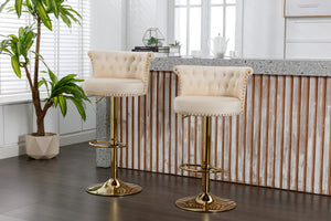 English Elm UNITED Velvet 360° Rotating Bar Chair with Diamond Stitching, Gold Frame, Plush Foam Seat, Adjustable Height Beige W1568P361715