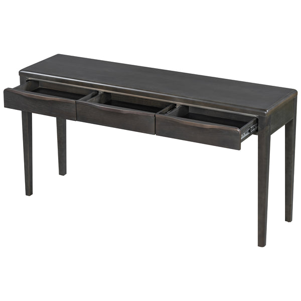 English Elm U_style Oak Veneer Console Table with Three Wave Drawers for Entryway or Foyer Black N711P401926B