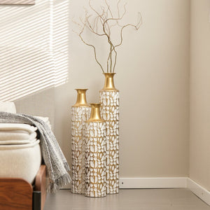 English Elm Floor Antique White Gold Metal Vases Set of 3 (32/28/24") — Tall Decorative Centerpieces for Entryway W2796P193594