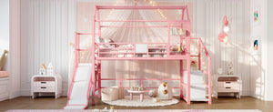 English Elm Twin House Loft Bed with Slide and Stairs, Metal Playhouse with Storage Shelves and Quiet Design Pink W1580S00349