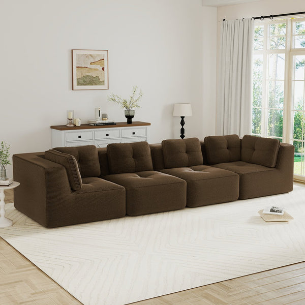 English Elm Modern Corduroy Sectional Sofa Tufted Four Seat Modular Design with Deep Cushions Brown W714S01810
