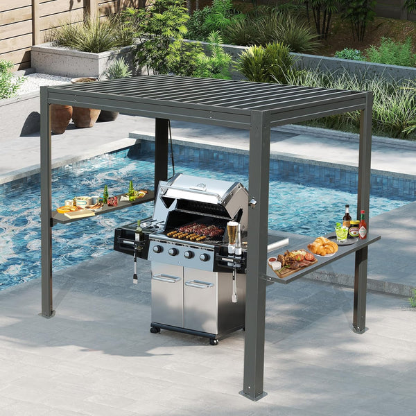 English Elm 8x5 Outdoor Hardtop Louvered Pergola Steel Grill Shelter with Gutter and Adjustable Roof Gray W1859S00176