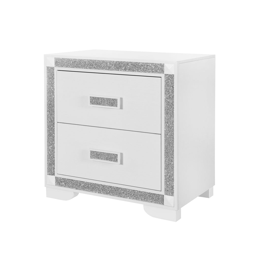 English Elm Soulmarie Solid Wood Nightstand with Spacious Drawers, Geometric Legs, Glitter Detail, Sturdy Contemporary Design White 29.92 L x 20.28 W x 28.35 H B201P410798
