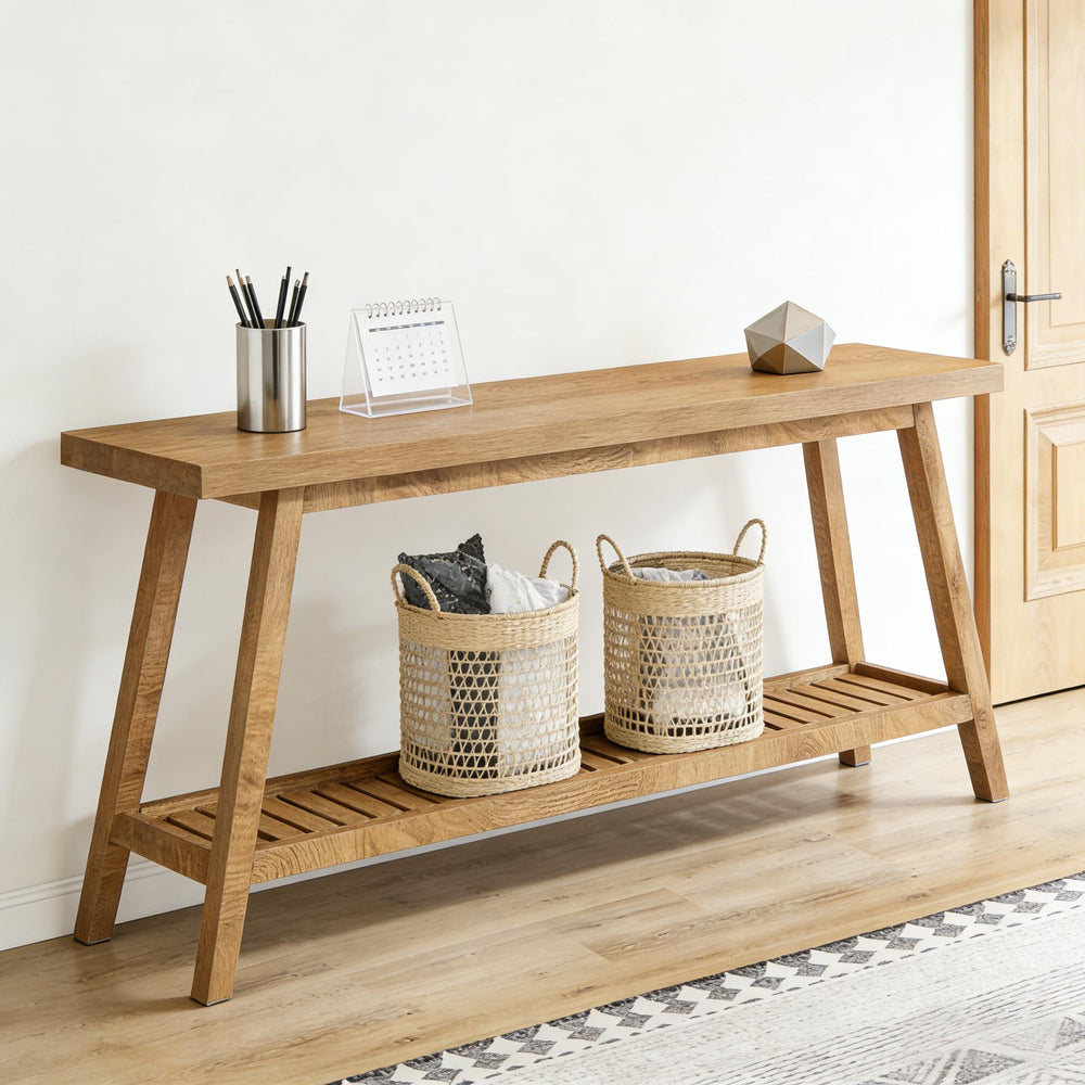 English Elm Hall Console Table Industrial Rustic Two Tier Wood Tone Metal Frame Entryway Sofa Light Brown T3971P451487