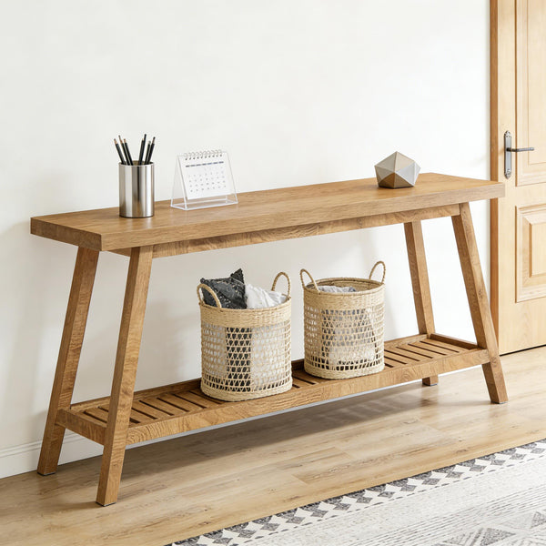 English Elm Hall Console Table Industrial Rustic Two Tier Wood Tone Metal Frame Entryway Sofa Light Brown T3971P451487