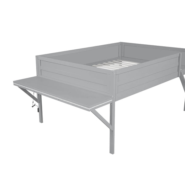 English Elm Wood Full Size Gaming Loft Bed with Desk, LED Lighting, Grey — Sturdy Pine Storage, 400lb Capacity, Space-Saving Design N709P236480E