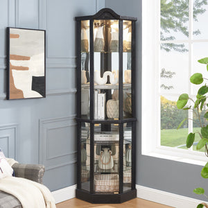 English Elm Lighted Corner Curio Cabinet With Adjustable Shelves, Elegant Black Design, Perfect For Home Display W1758P300126