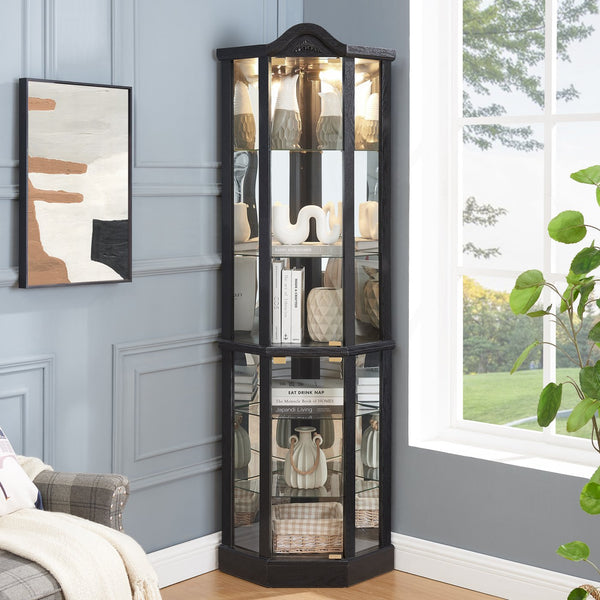 English Elm Lighted Corner Curio Cabinet With Adjustable Shelves, Elegant Black Design, Perfect For Home Display W1758P300126