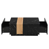 English Elm Modern 35.4 X 23.6 Inch Two-Tone Coffee Table With Faux Marble and Walnut Wood Grain Finish, Rectangular Center Table With 2 Storage Drawers, Practical Cocktail Table For Living Room, Black