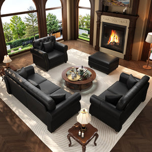 English Elm Upholstered Faux Leather Chesterfield Sofa Button Tufted with Nailhead and Six Pillows Black W1885S00432