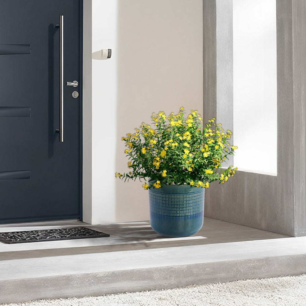 English Elm Set Of 3 Handcrafted Grid Ceramic Planters - Modern Blue-Green Flowerpots For Home & Garden Decor W3273P322259-GIGA