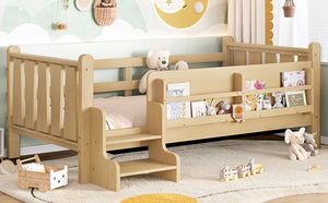 English Elm Twin Pine Floor Bed with Guardrails Built-in Bookcases and Stair Steps for Kids W1580P430184