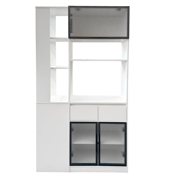 English Elm 70.87"h Tall Storage Cabinet Glass Panel Doors Asymmetric Drawers Modern Hallway Organizer W331S00204