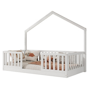 English Elm Twin Montessori Floor Bed House Frame with Led Lighting and Safety Rails for Kids White W2593P440594
