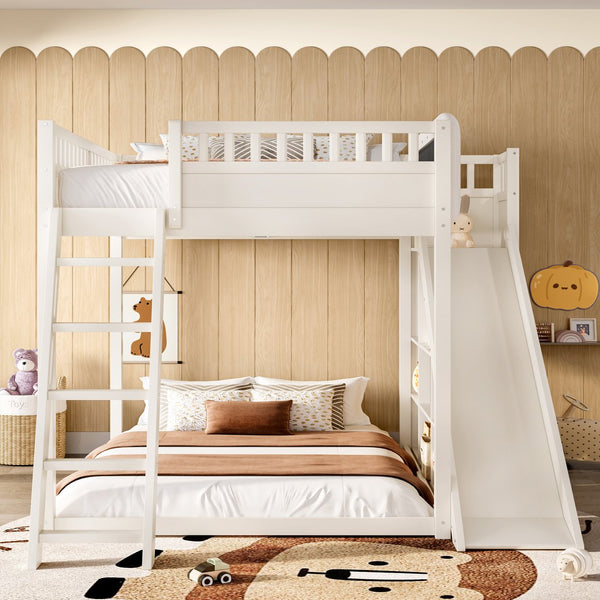 English Elm Full Size Kids Loft Bed Pine Frame Upholstered Headboard Built in Slide and Storage Shelves Beige W1580S00638