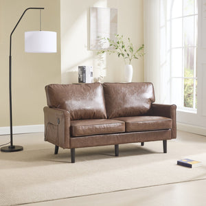 English Elm Loveseat Mid Century Modern Two-Seater Sofa with USB Type-C Charging, Removable Zipper Covers, Durable Wood Legs Brown PU W395P238821