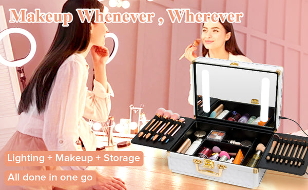 English Elm Portable Led Vanity Makeup Case Aluminum Travel Organizer with Mirror Lock Dividers W1550P163303