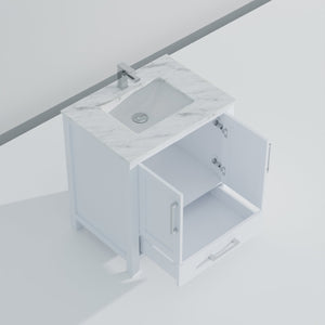 English Elm White 30 in. Bath Vanity with Carrara Marble Top, Soft-Close Drawer, Chrome Faucet, Spacious Storage B2731P258993