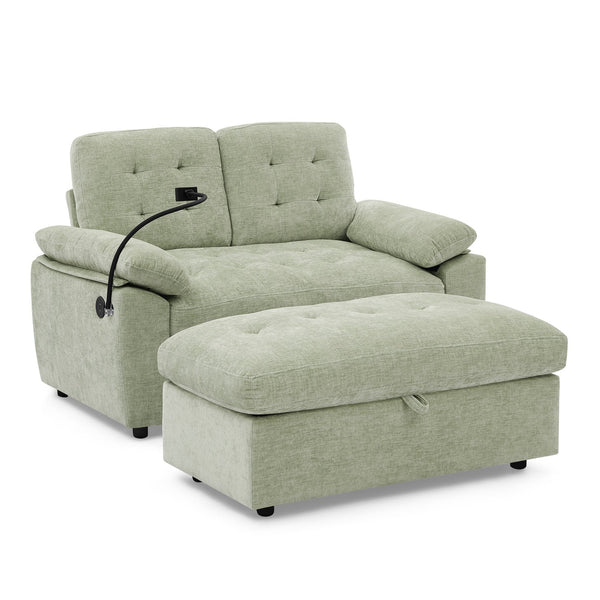 English Elm Leisure Chenille Two Seat Reclining Sofa with Usb Port Storage Ottoman Padded Armrests Cyan W487S00517