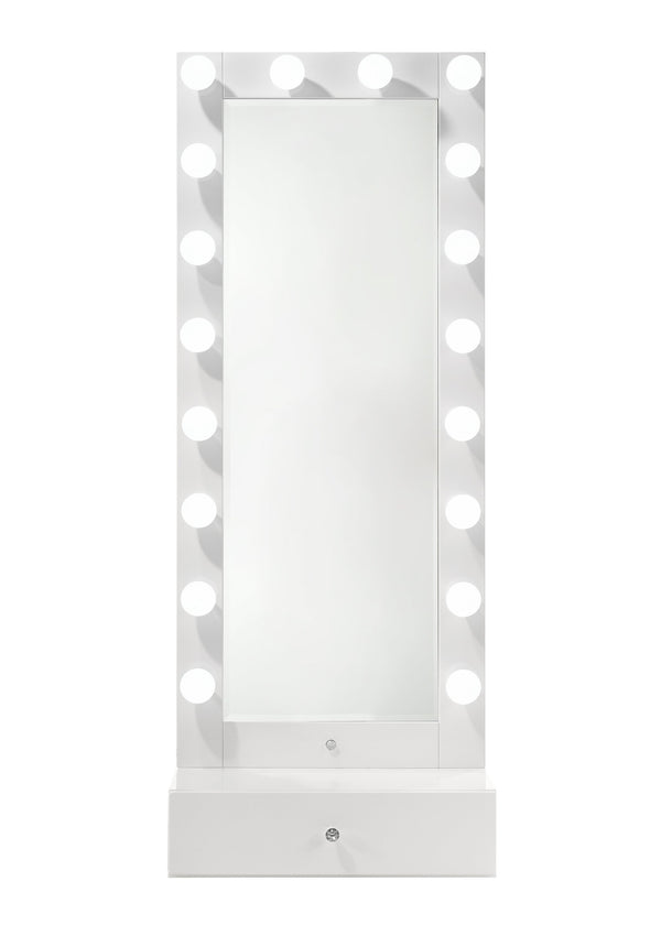 English Elm 1pc Glam Tall Lighted Mirror with Drawer Box Glossy White Vanity, Beveled Glass, Crystal Knob, Luxe Glow B011S01586