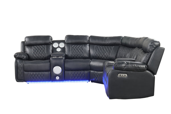 English Elm Lacrosse Power Reclining Sectional with Bluetooth Speakers, USB Ports, LED Lighting and Console Storage Black B009S01923
