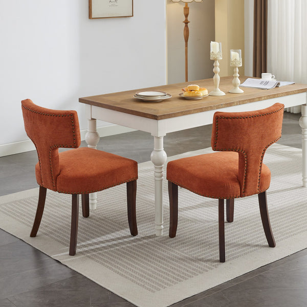 English Elm Mid Curved Back Dining Chairs Set of 2 with Copper Nail Trim, High-Density Foam Seats, Walnut Legs Orange W1143P186368
